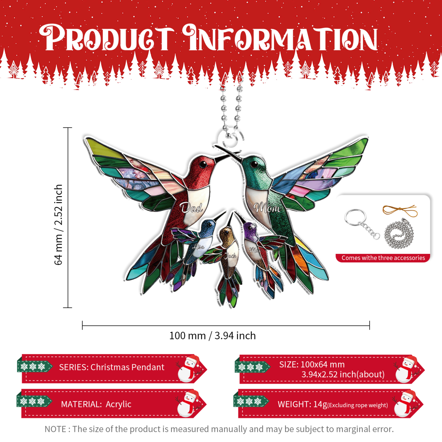 Personalised Hummingbird Family Christmas Ornament with Custom 2-6 Names Family Christmas Gift | Jessemade