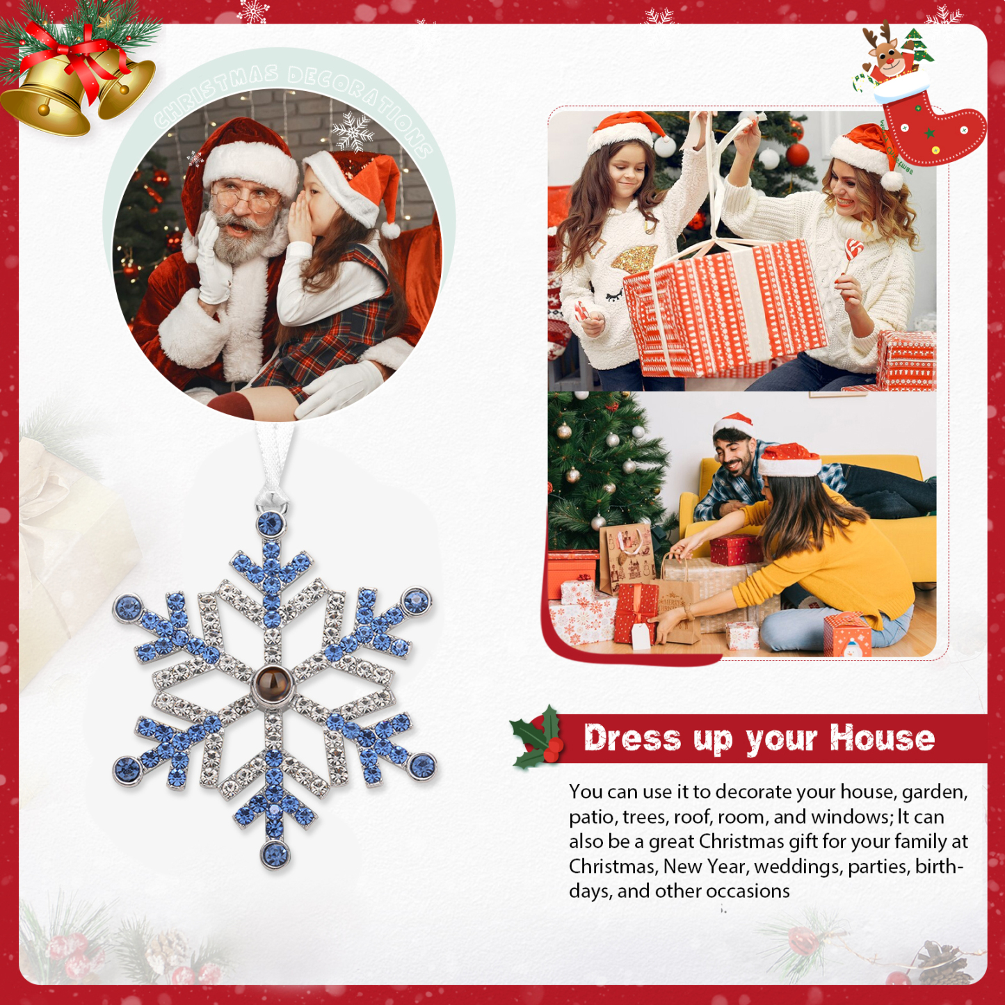 Personalized Photo Projection Blue/Pink Snowflake Christmas Ornament - Christmas Tree Pendant | Jessemade