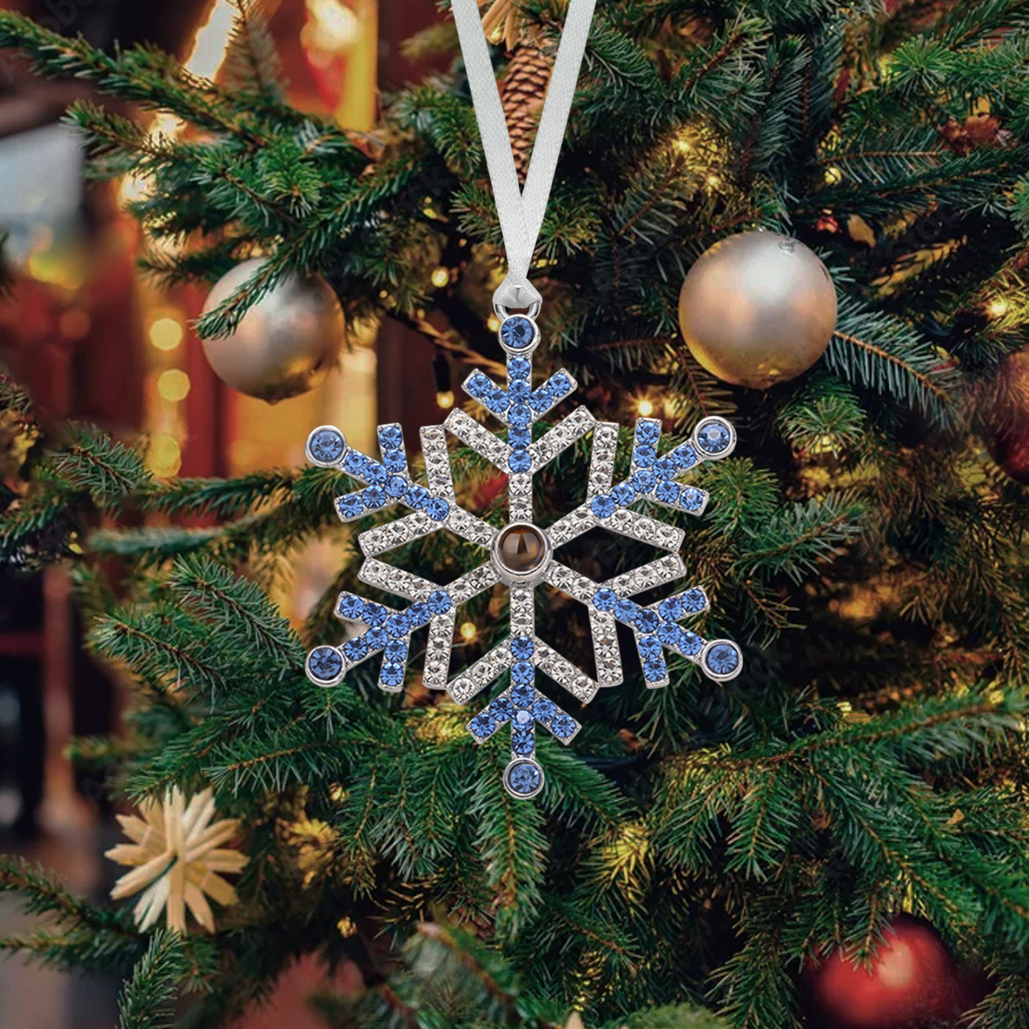 Personalized Photo Projection Blue/Pink Snowflake Christmas Ornament - Christmas Tree Pendant | Jessemade