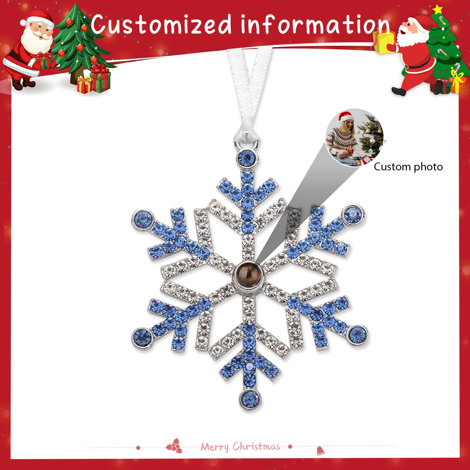Personalized Photo Projection Blue/Pink Snowflake Christmas Ornament - Christmas Tree Pendant | Jessemade