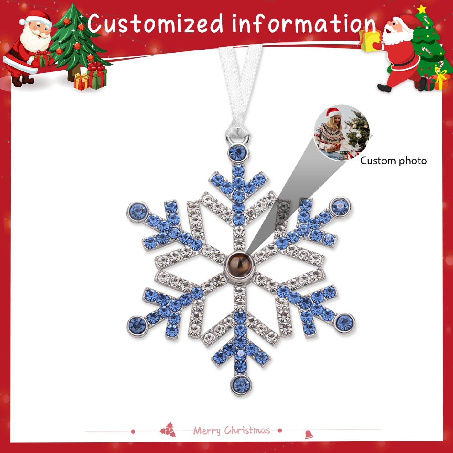 Personalized Photo Projection Blue/Pink Snowflake Christmas Ornament - Christmas Tree Pendant | Jessemade