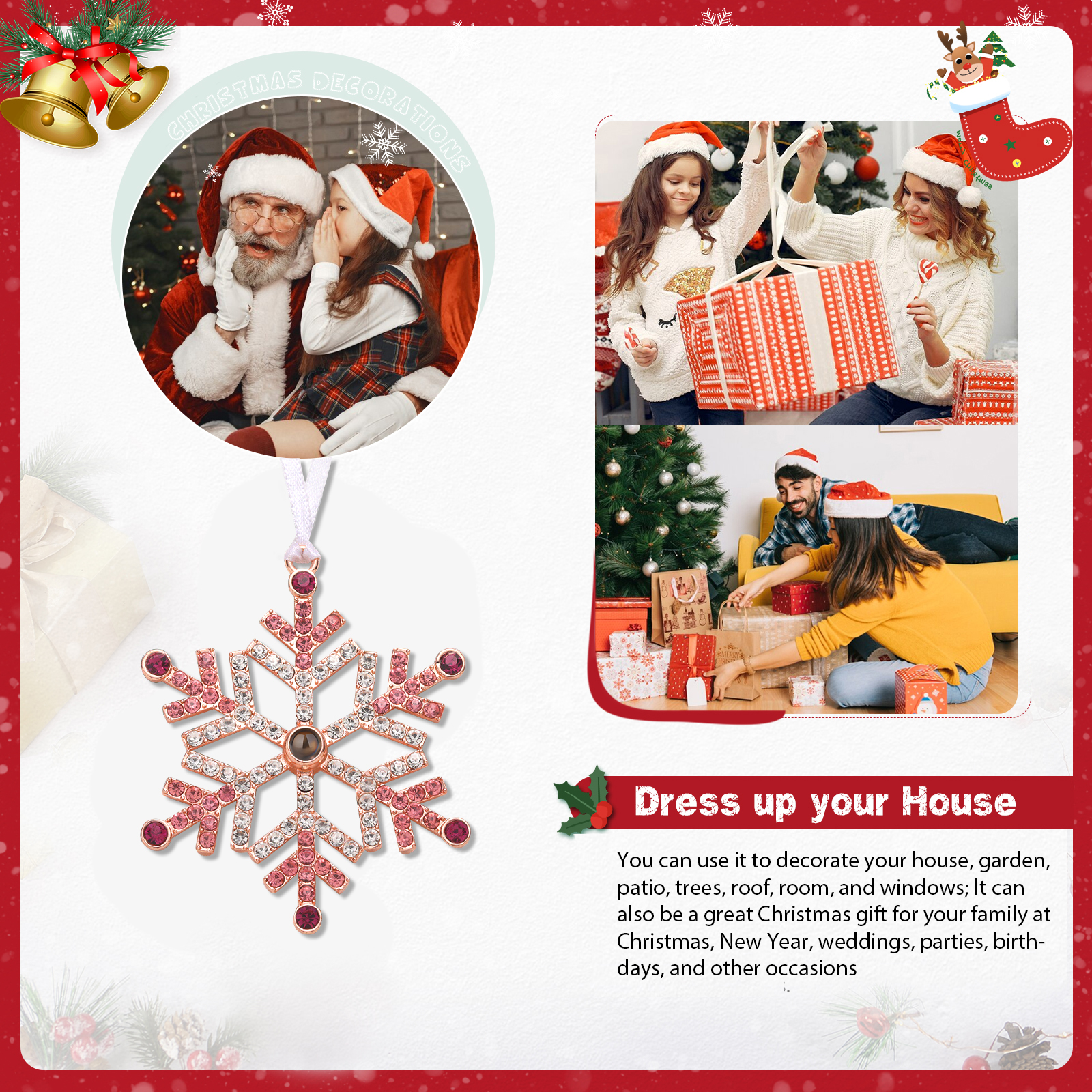 Personalized Photo Projection Blue/Pink Snowflake Christmas Ornament - Christmas Tree Pendant | Jessemade