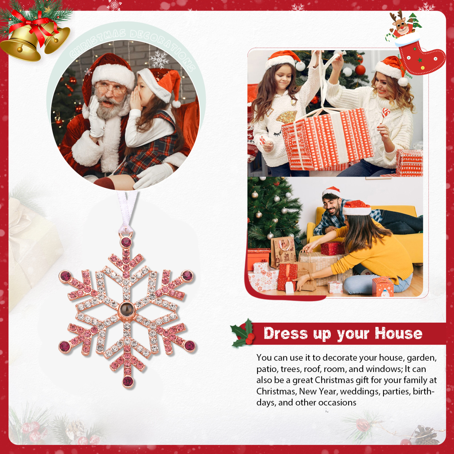 Personalized Photo Projection Blue/Pink Snowflake Christmas Ornament - Christmas Tree Pendant | Jessemade