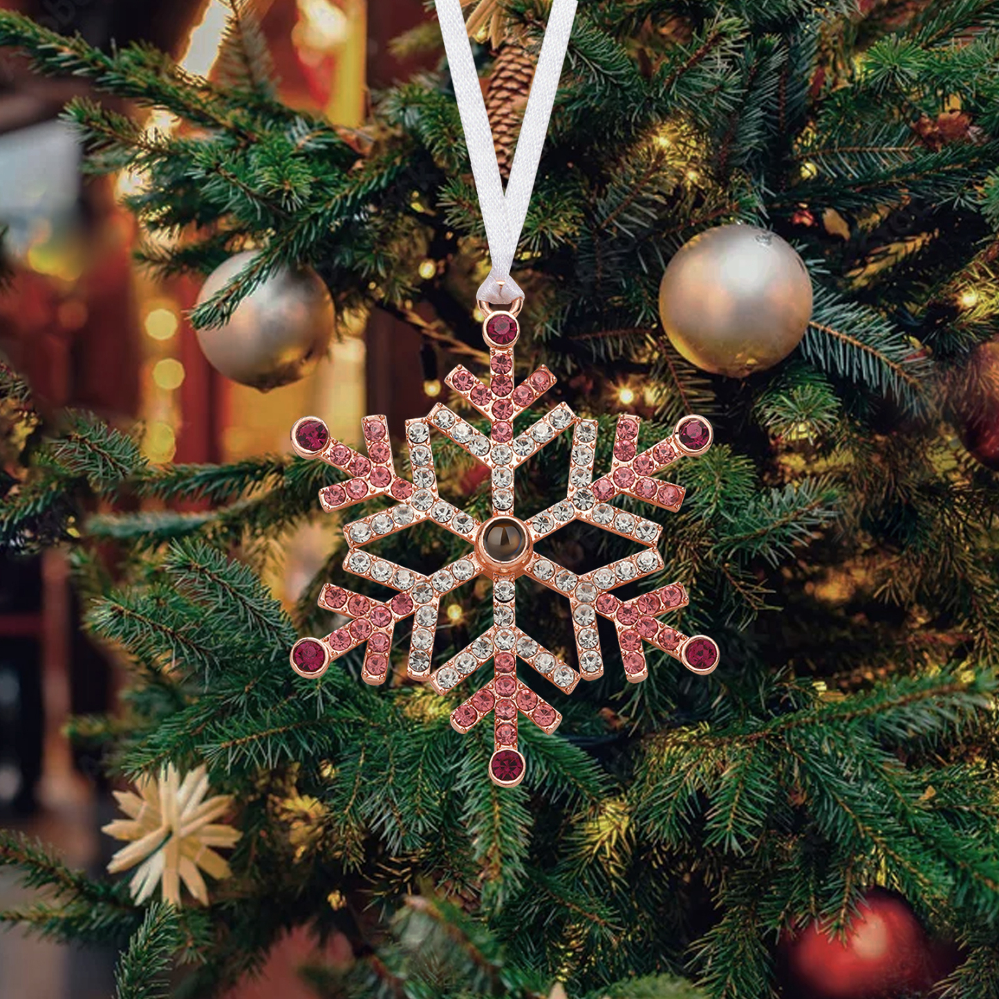 Personalized Photo Projection Blue/Pink Snowflake Christmas Ornament - Christmas Tree Pendant | Jessemade