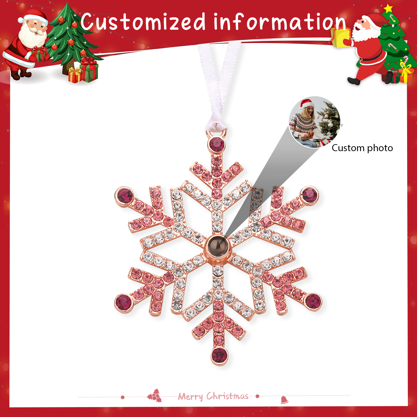 Personalized Photo Projection Blue/Pink Snowflake Christmas Ornament - Christmas Tree Pendant | Jessemade