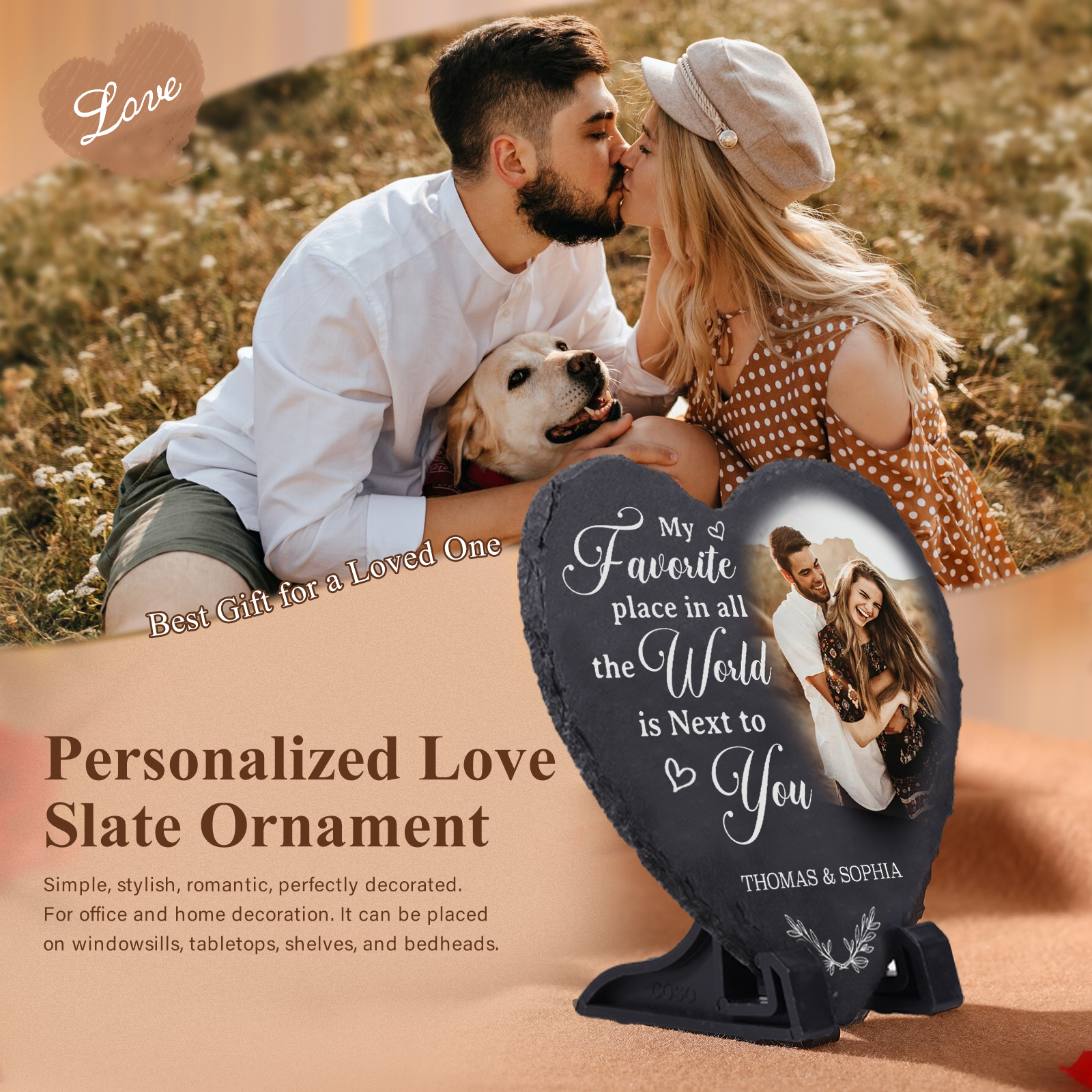 Personalised Shaped Stone with Custom Photo & 2 Names - My Favorite Place In All The World Is Next To You- Valentine's gift for Couple | Jessemade