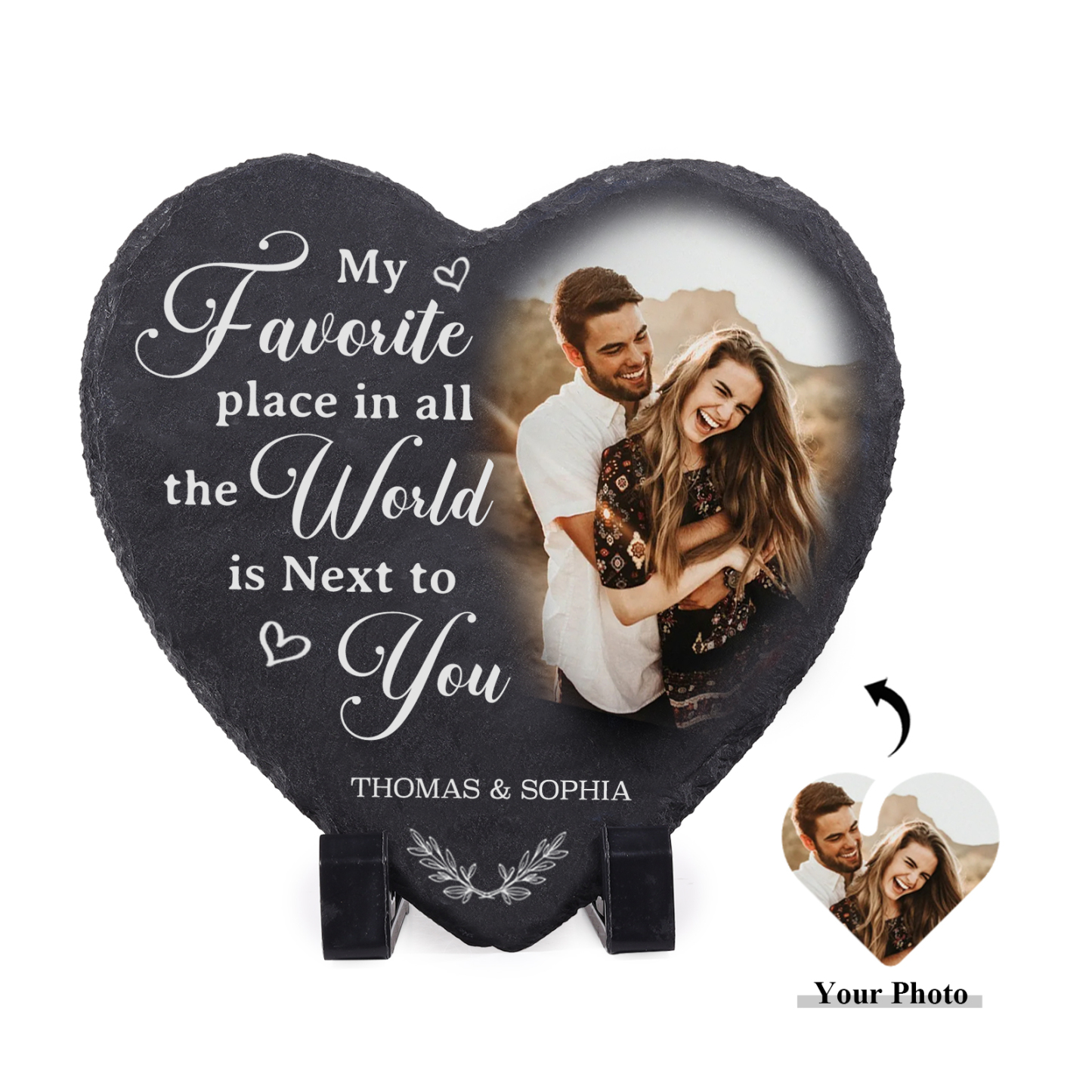 Personalised Shaped Stone with Custom Photo & 2 Names - My Favorite Place In All The World Is Next To You- Valentine's gift for Couple | Jessemade