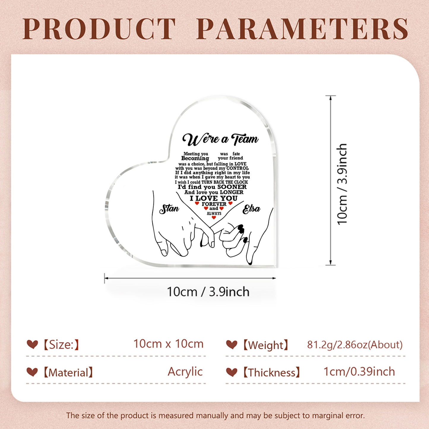 Personalised Heart-Shaped Acrylic Ornament - "We're a Team" - Customized 2 Names, Home Ornaments, Valentine's Day Gift for Him | Jessemade