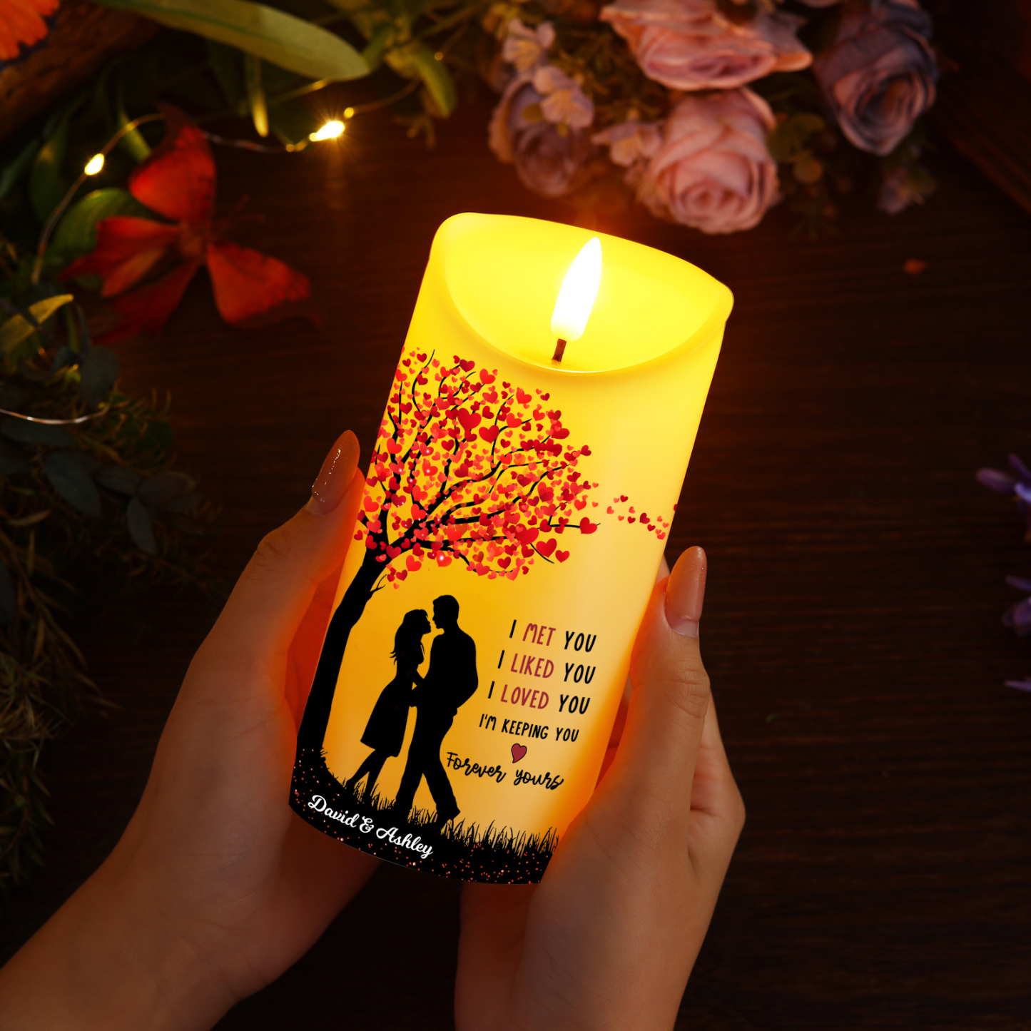 Personalised LED Candle with Custom 2 Names - "I Met You, I Liked You, I Loved You" Heart Tree Design, Valentine’s Day Gift for Couple | Jessemade