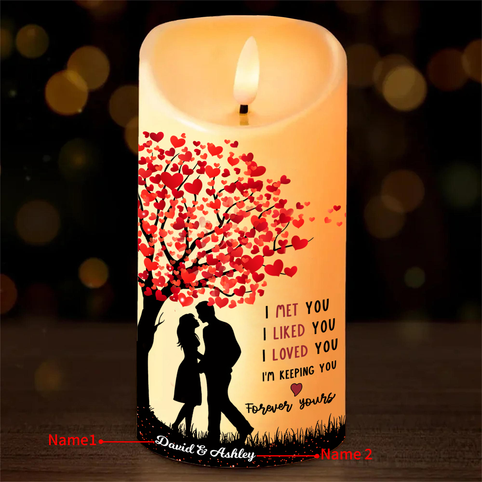 Personalised LED Candle with Custom 2 Names - "I Met You, I Liked You, I Loved You" Heart Tree Design, Valentine’s Day Gift for Couple | Jessemade