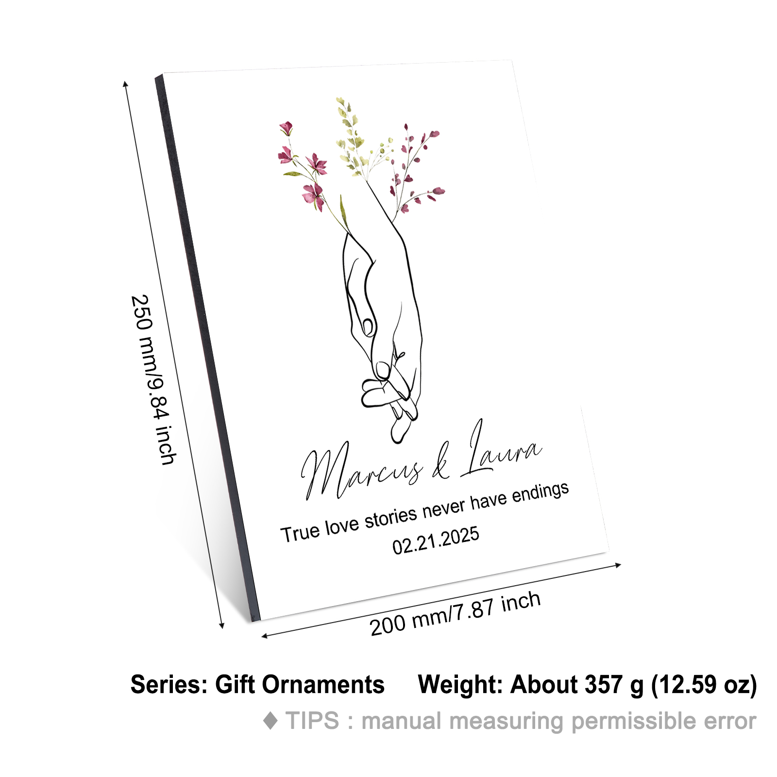 Personalised Wooden Ornament – Custom Names, Date & "True Love Stories Never Have Endings" Floral Design with Holding Hands – Valentine’s Day Gift for Her | Jessemade