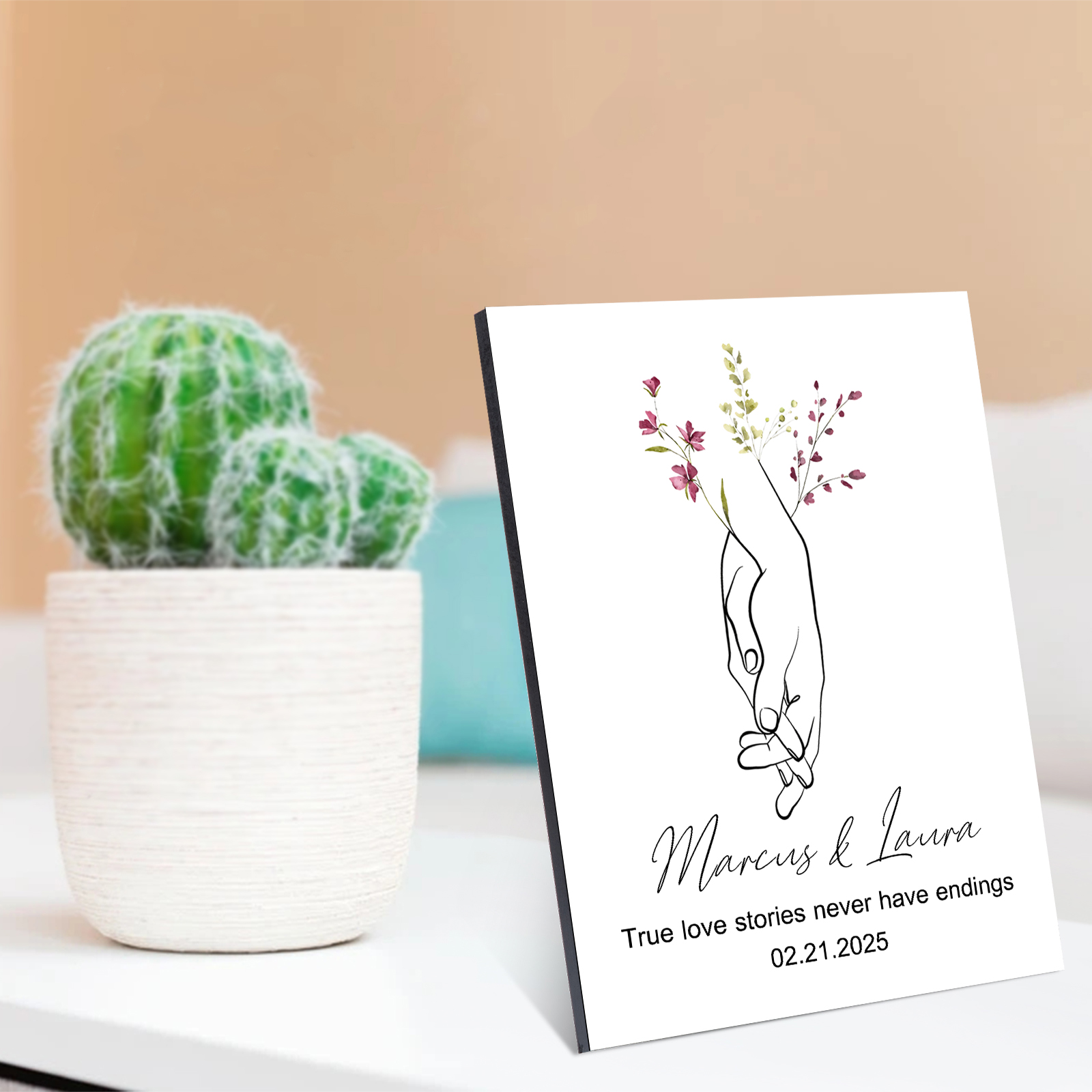 Personalised Wooden Ornament – Custom Names, Date & "True Love Stories Never Have Endings" Floral Design with Holding Hands – Valentine’s Day Gift for Her | Jessemade