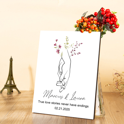 Personalised Wooden Ornament – Custom Names, Date & "True Love Stories Never Have Endings" Floral Design with Holding Hands – Valentine’s Day Gift for Her | Jessemade