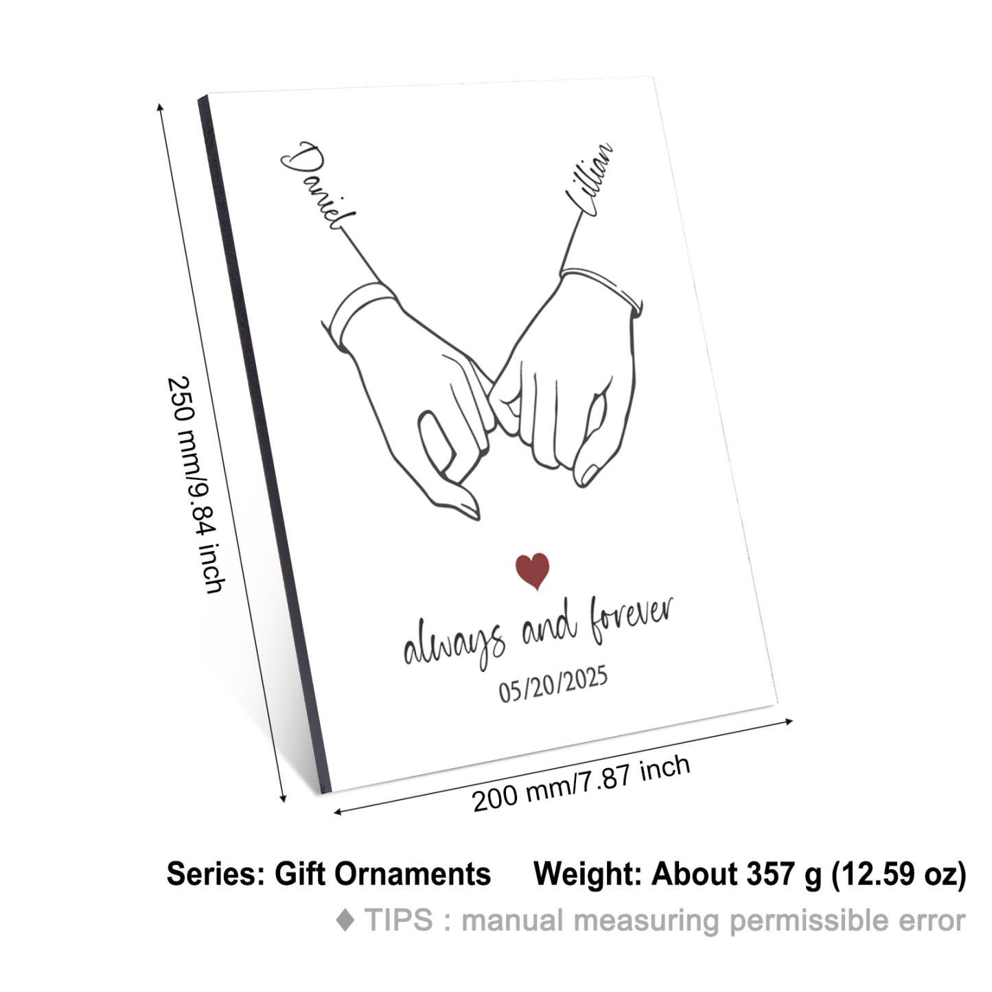 Personalised Wooden Ornament – Custom Names, Date & “Always and Forever” Design with Holding Hands – Valentine’s Day Gift for Her | Jessemade