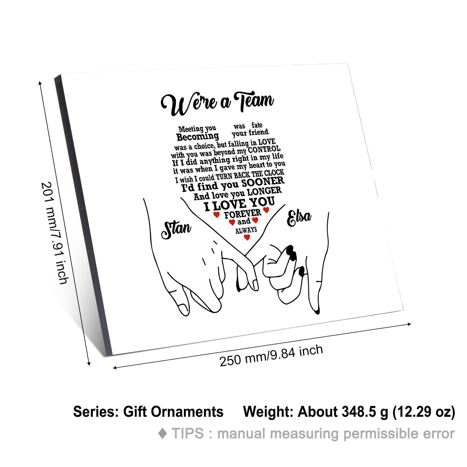 Personalised Wooden Ornament – Custom Names & “We’re a Team” Heart Design with Holding Hands – Valentine’s Day Gift for Him/Her | Jessemade