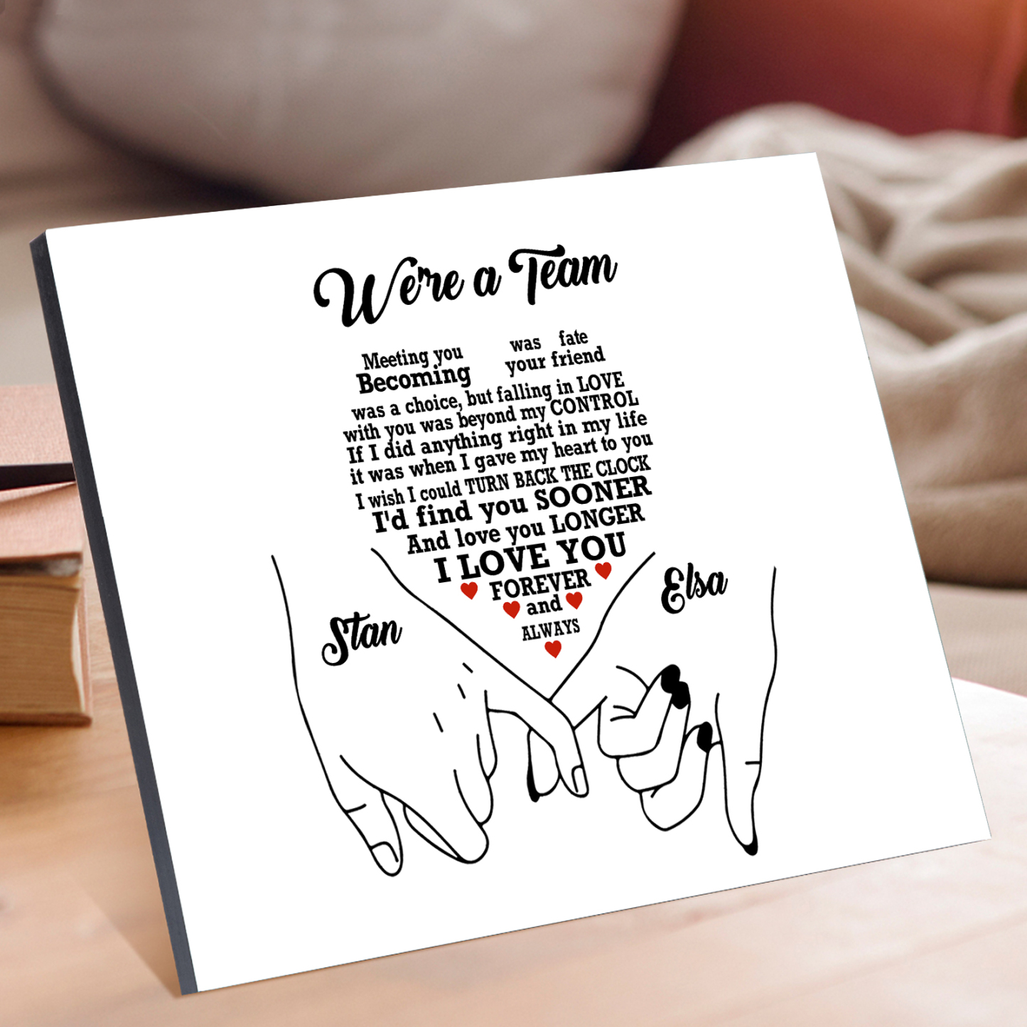 Personalised Wooden Ornament – Custom Names & “We’re a Team” Heart Design with Holding Hands – Valentine’s Day Gift for Him/Her | Jessemade