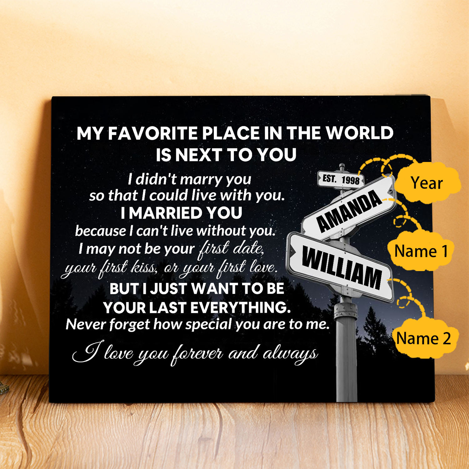 Personalised Wooden Ornament –  with Custom Names and Date - "My Favourite Place in the World Is Next to You" | Valentine’s Day Gift for Him/Her | Jessemade