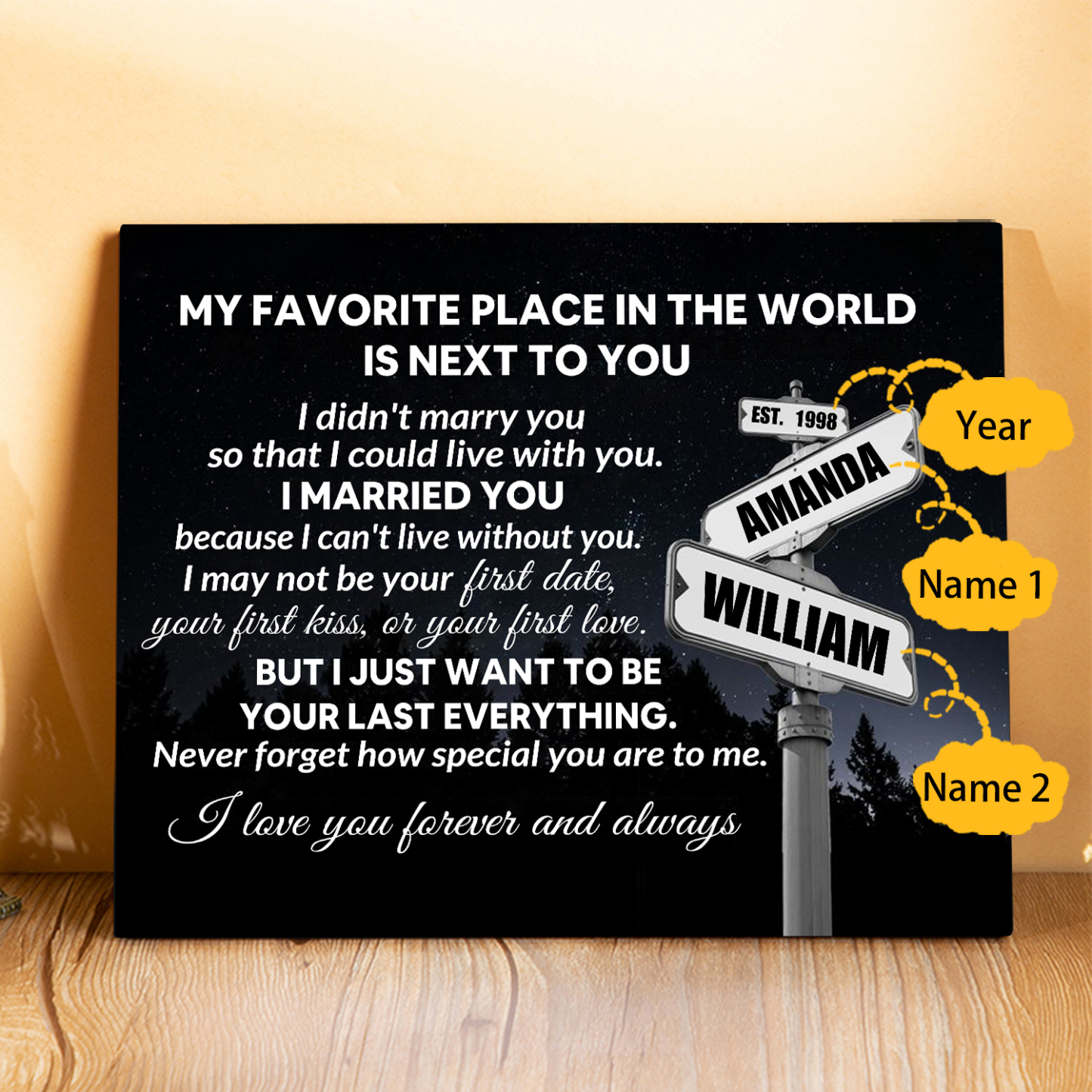 Personalised Wooden Ornament –  with Custom Names and Date - "My Favourite Place in the World Is Next to You" | Valentine’s Day Gift for Him/Her | Jessemade
