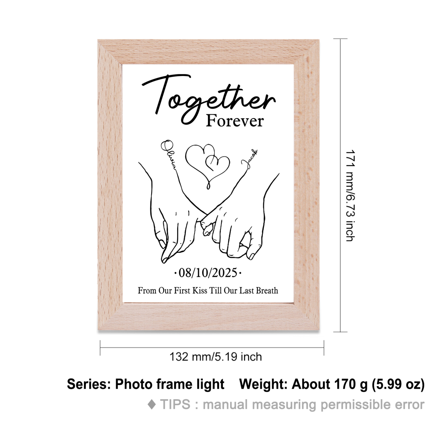 Personalised Frame Night Light – with Custom Names and Date - "Together Forever"  | Valentine’s Day Gift for Him/Her | Jessemade