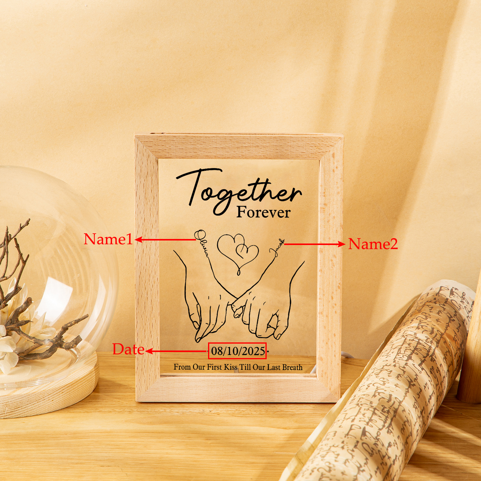 Personalised Frame Night Light – with Custom Names and Date - "Together Forever"  | Valentine’s Day Gift for Him/Her | Jessemade