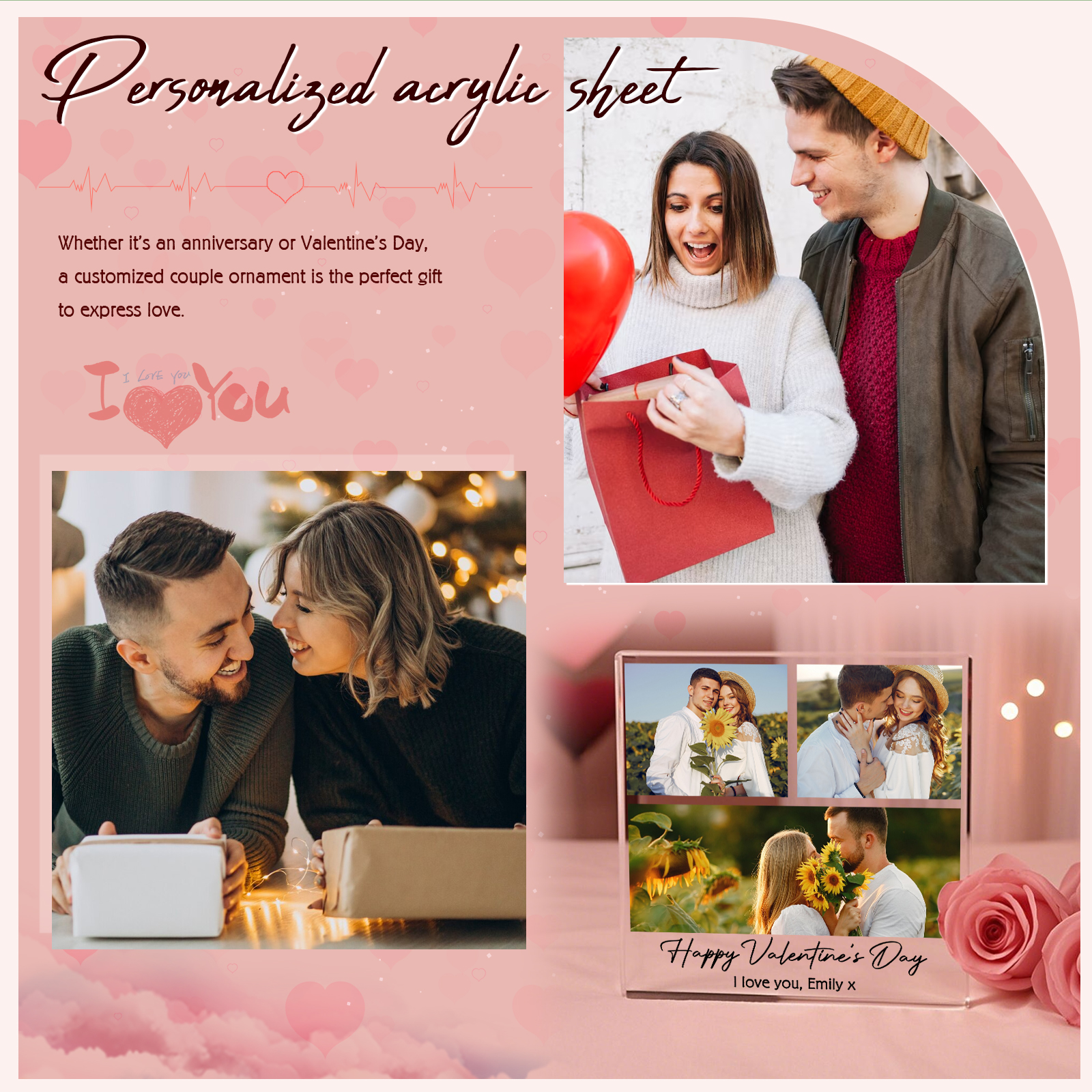 Personalised Acrylic Ornament – Custom 3 Photos & “Happy Valentine’s Day” Design with Romantic Text – Valentine’s Day Gift for Her | Jessemade