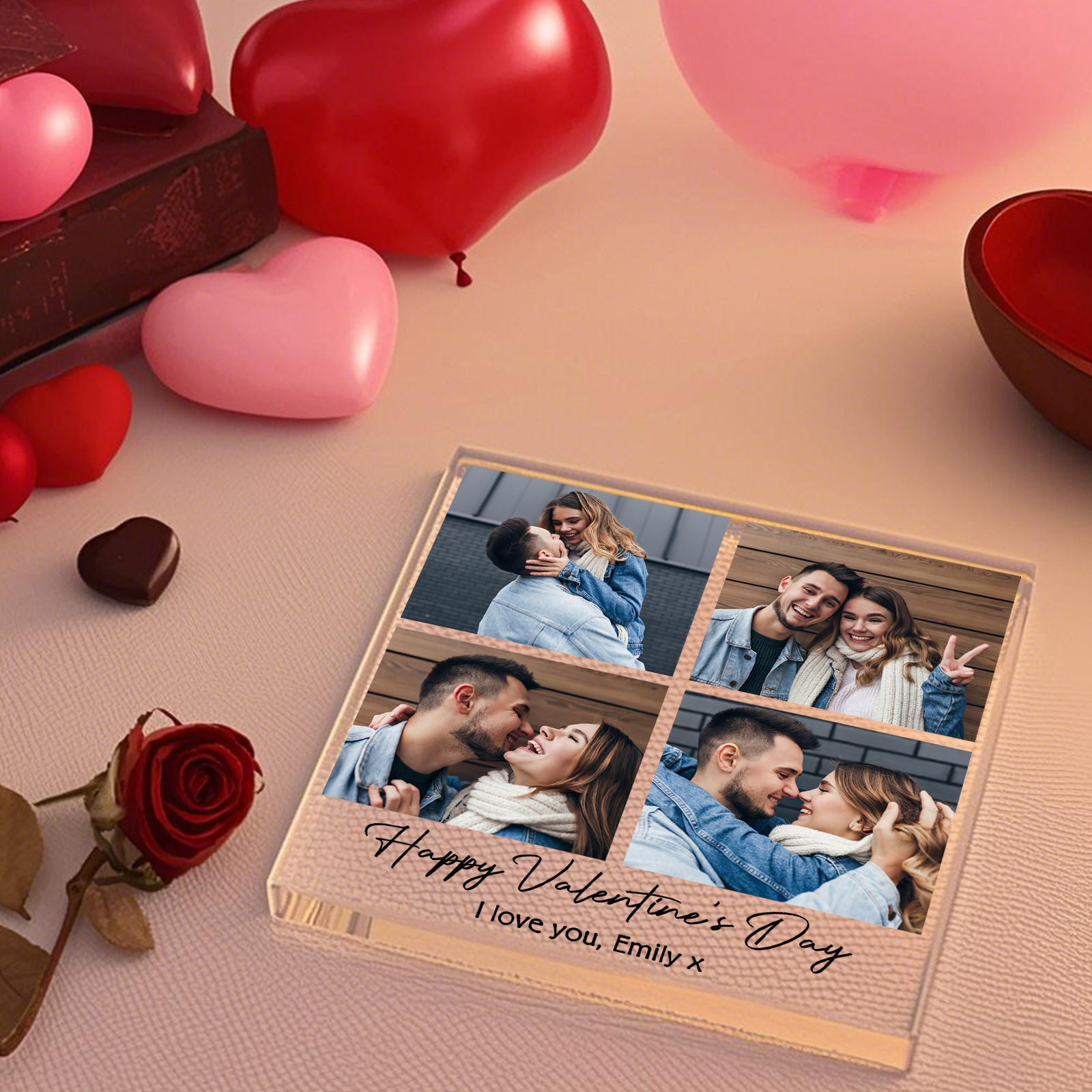Personalised Acrylic Ornament – Custom 4 Photos & “Happy Valentine’s Day” Design with Romantic Text – Valentine’s Day Gift for Her | Jessemade
