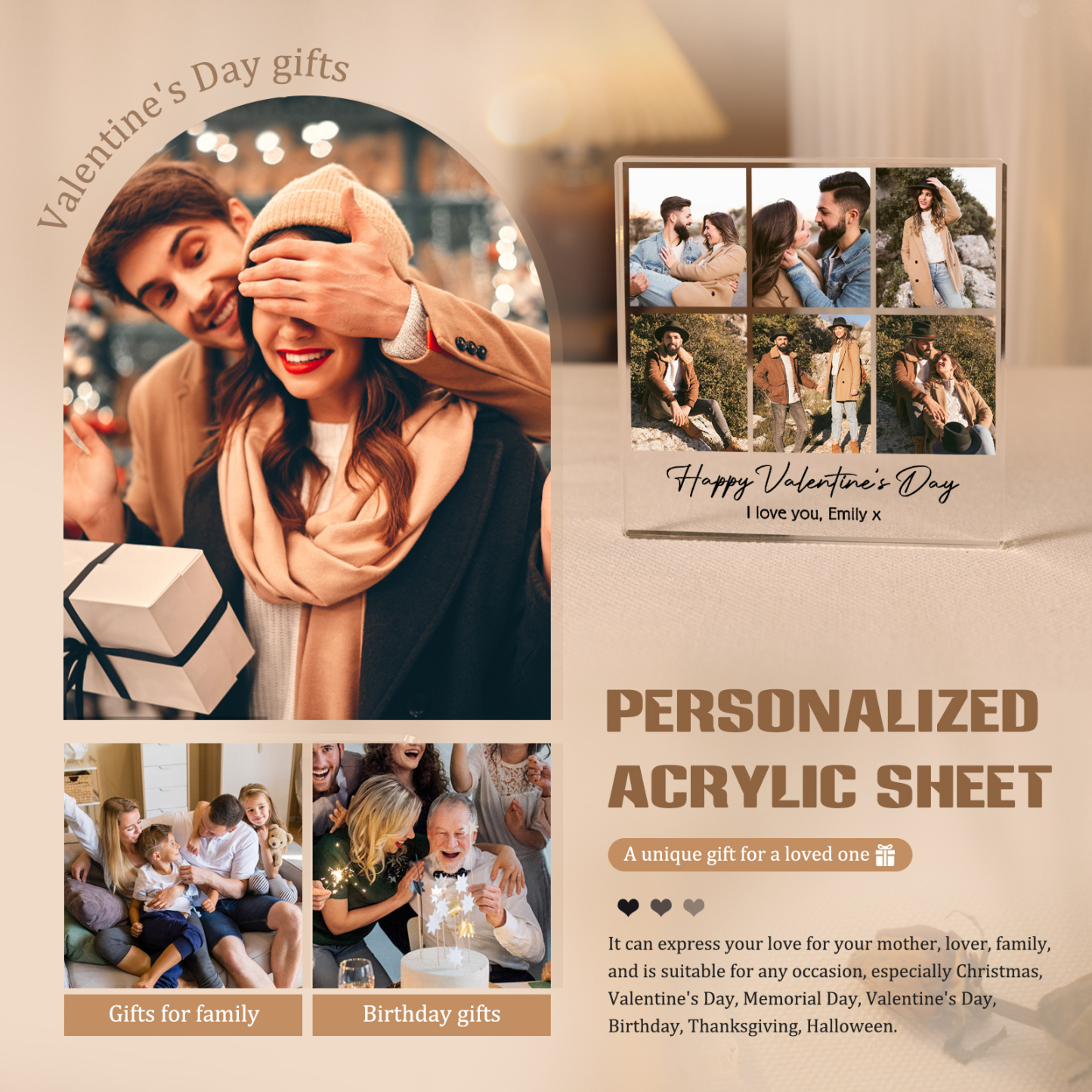 Personalised Acrylic Ornament – Custom 6 Photos & “Happy Valentine’s Day” Design with Romantic Text – Valentine’s Day Gift for Her | Jessemade