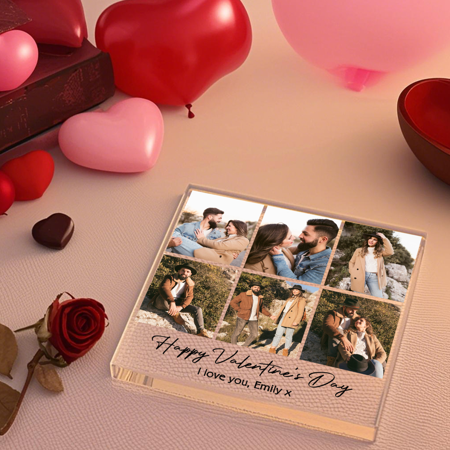 Personalised Acrylic Ornament – Custom 6 Photos & “Happy Valentine’s Day” Design with Romantic Text – Valentine’s Day Gift for Her | Jessemade