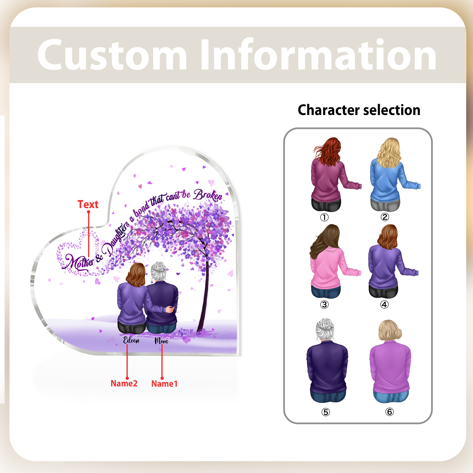 Personalized Heart Shaped Acrylic Plaque Mother and Daughters A Bond That Cant Be Broken Gift for Mom | Jessemade