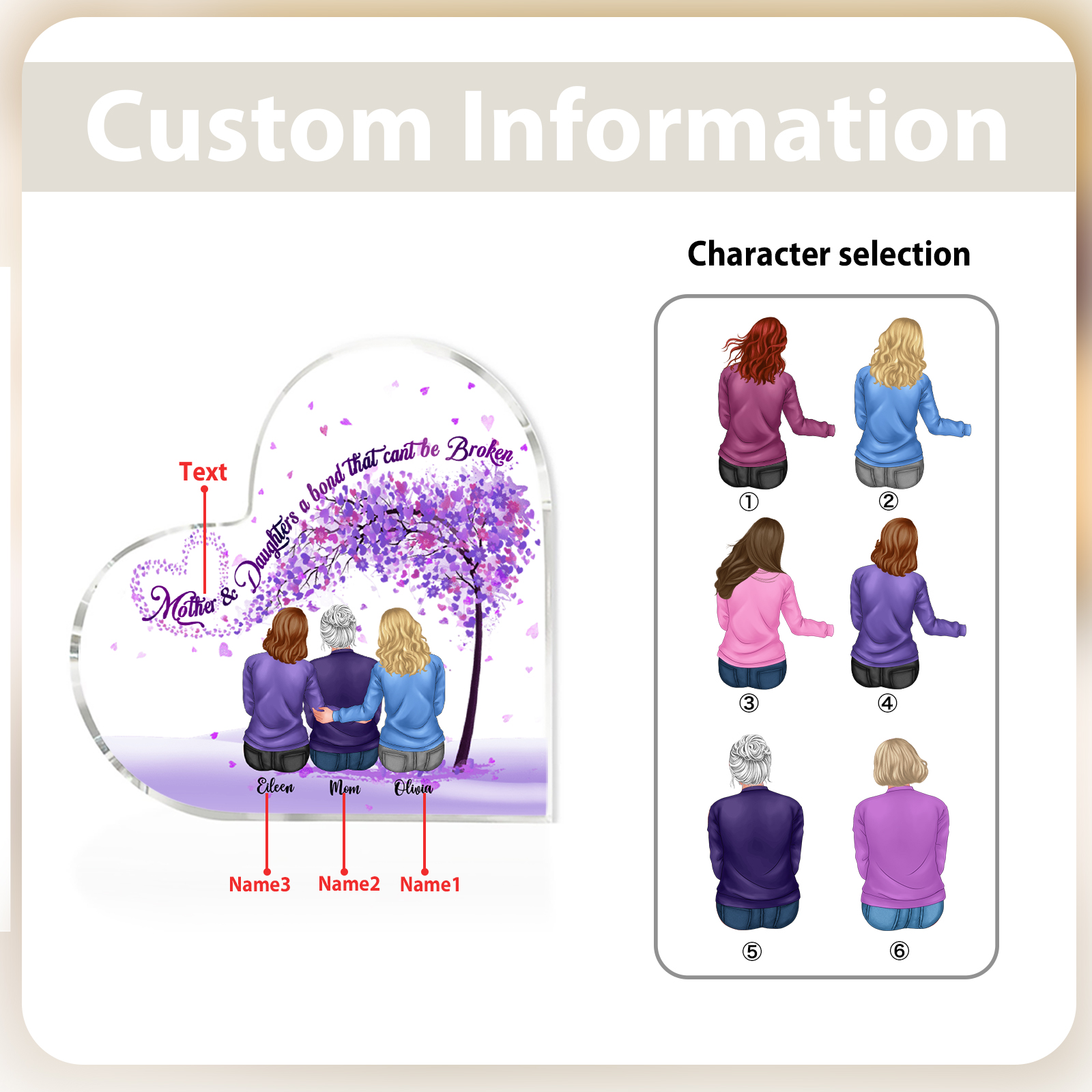 Personalized Heart Shaped Acrylic Plaque Mother and Daughters A Bond That Cant Be Broken Gift for Mom | Jessemade