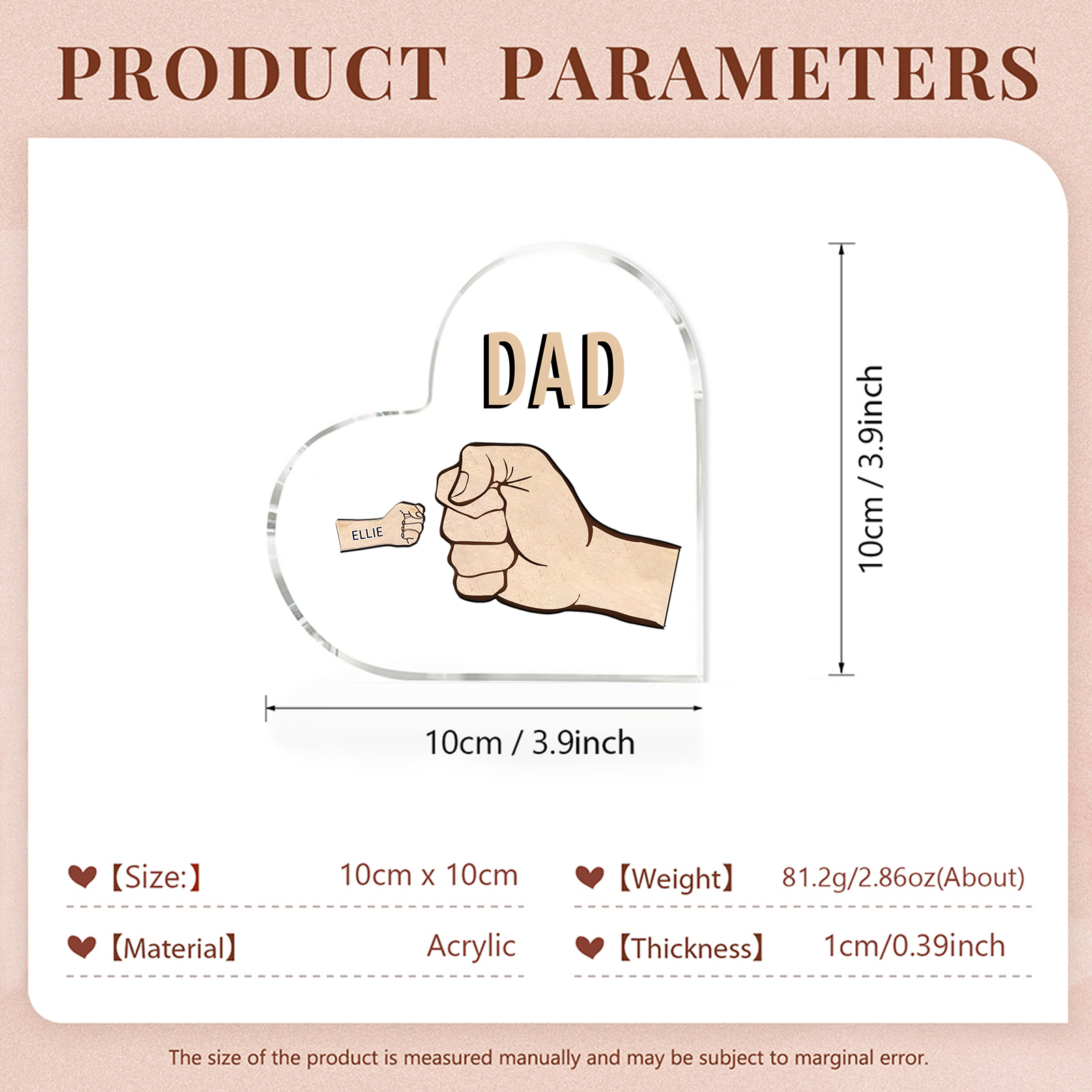 Personalized Heart Shaped Acrylic Plaque Father and Child Fist Custom Gift for Dad | Jessemade