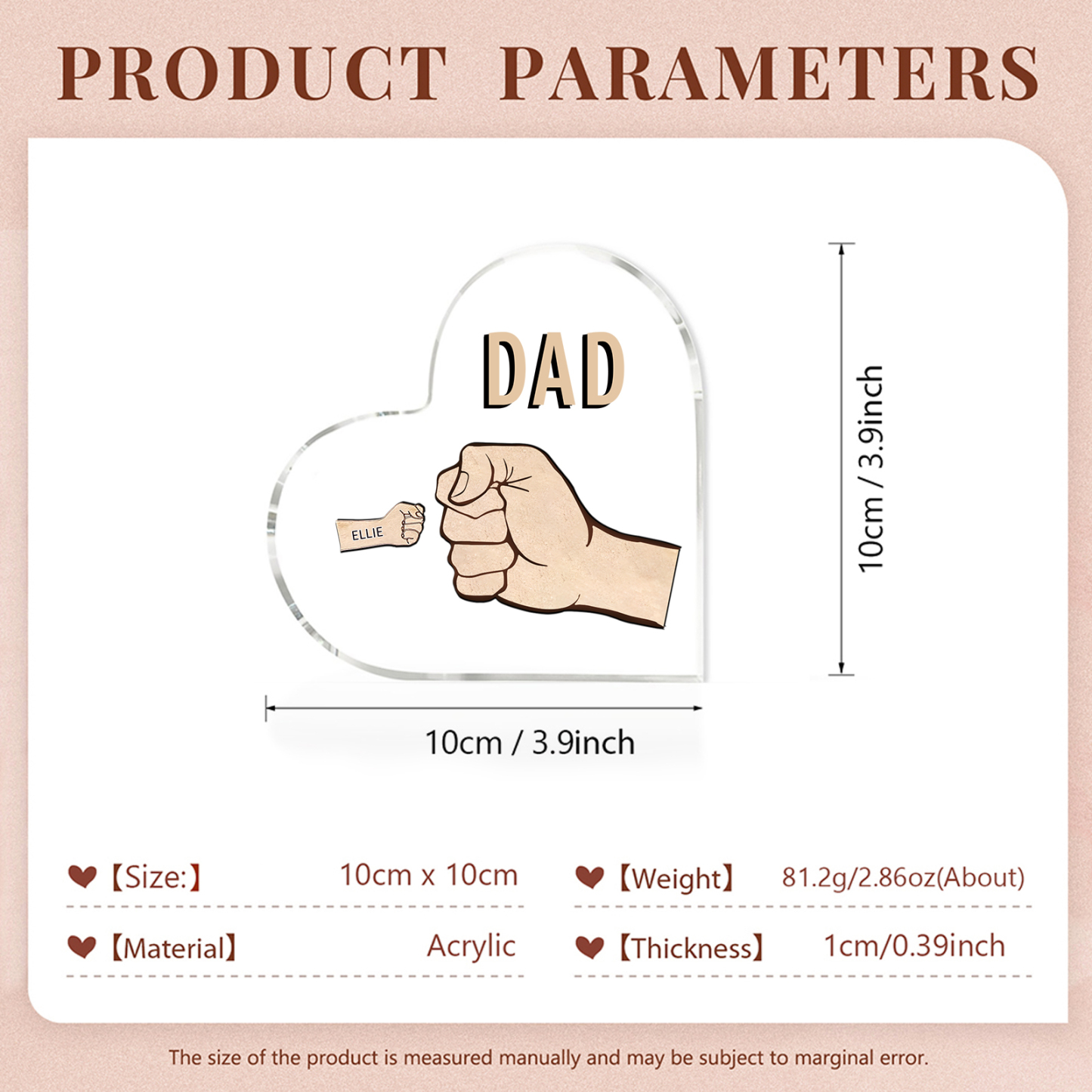 Personalized Heart Shaped Acrylic Plaque Father and Child Fist Custom Gift for Dad | Jessemade