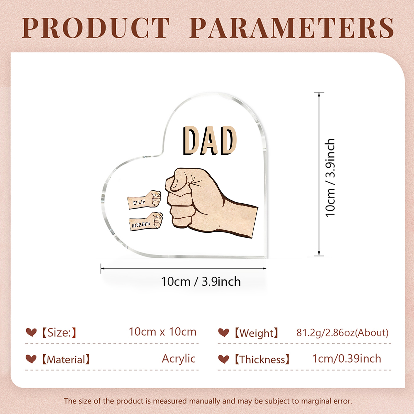 Personalized Heart Shaped Acrylic Plaque Father and Child Fist Custom Gift for Dad | Jessemade