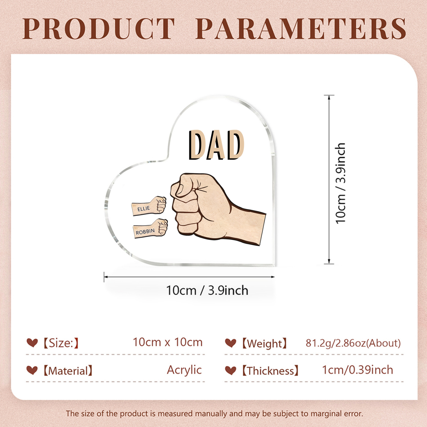Personalized Heart Shaped Acrylic Plaque Father and Child Fist Custom Gift for Dad | Jessemade