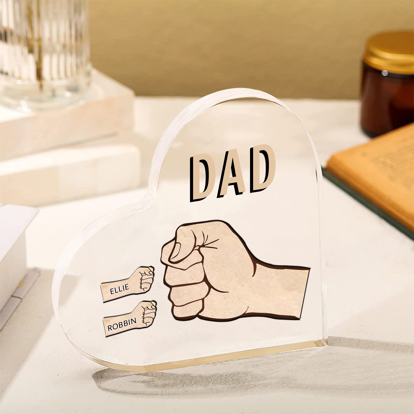 Personalized Heart Shaped Acrylic Plaque Father and Child Fist Custom Gift for Dad | Jessemade