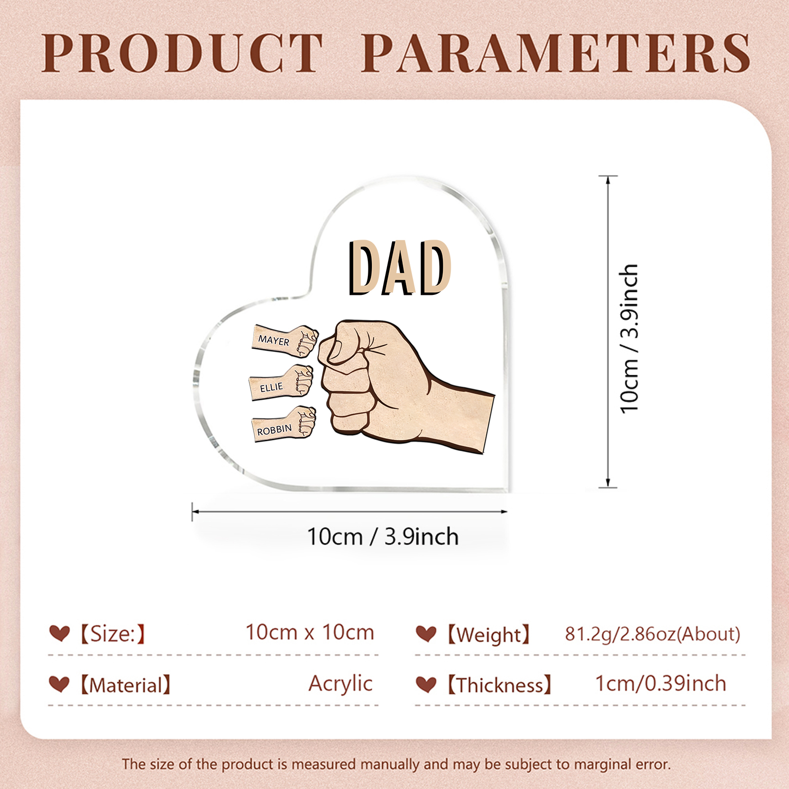 Personalized Heart Shaped Acrylic Plaque Father and Child Fist Custom Gift for Dad | Jessemade