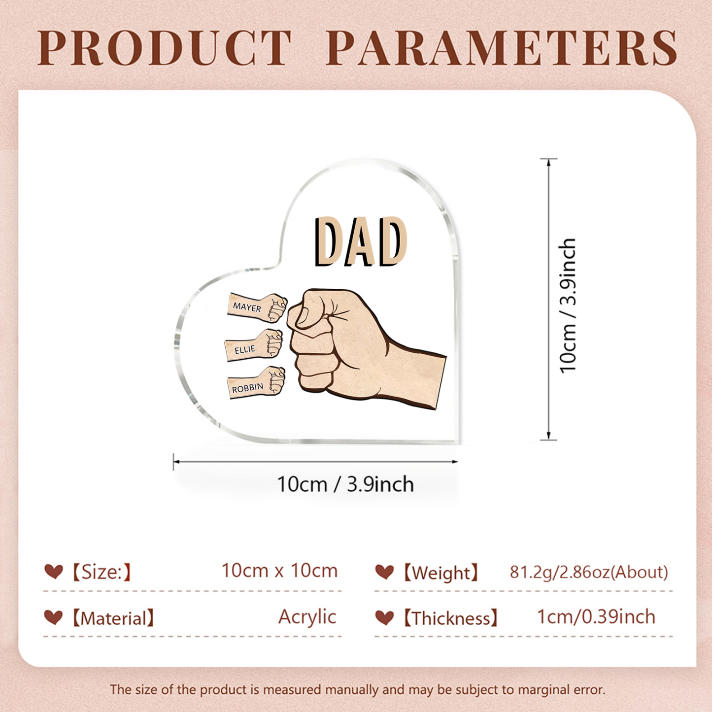 Personalized Heart Shaped Acrylic Plaque Father and Child Fist Custom Gift for Dad | Jessemade