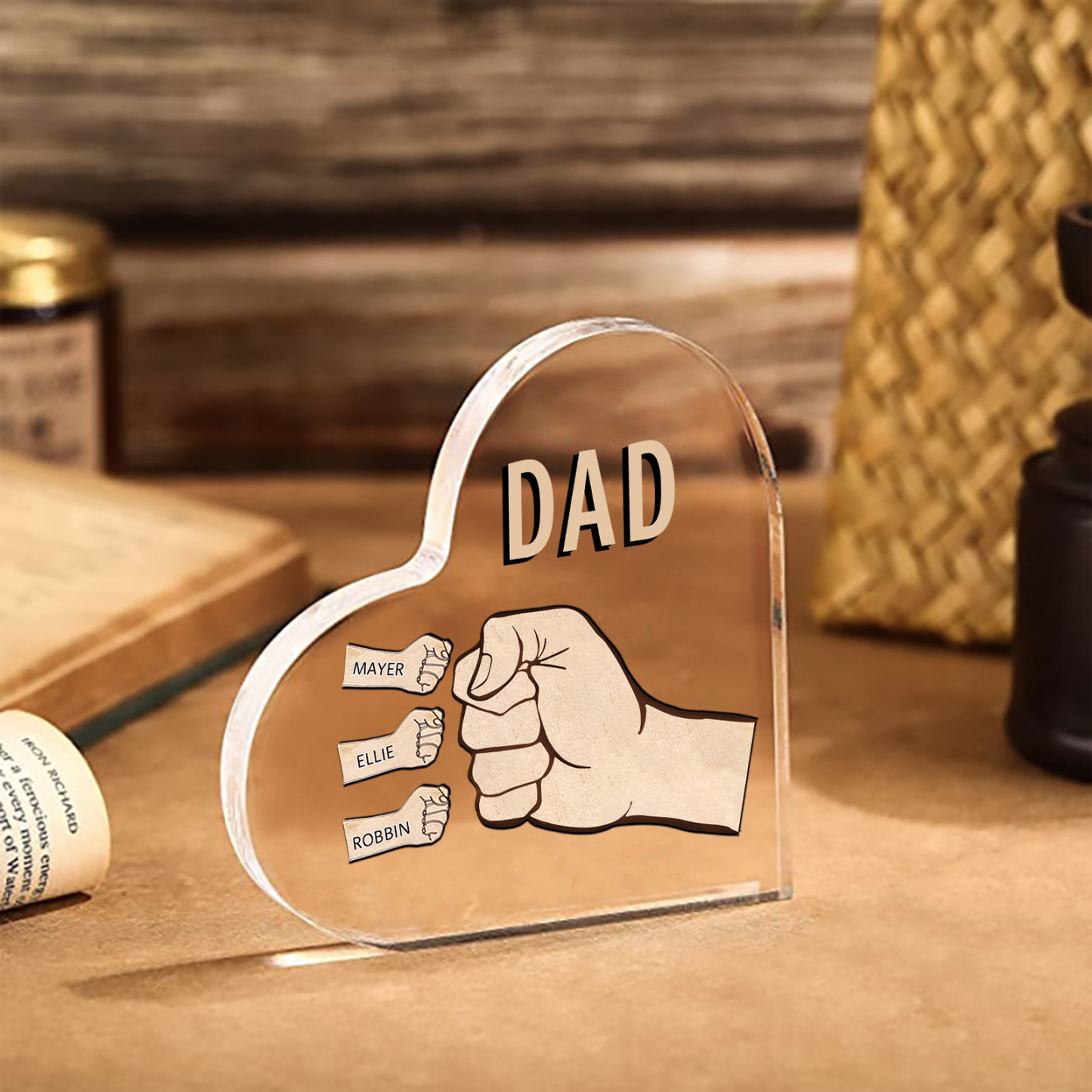Personalized Heart Shaped Acrylic Plaque Father and Child Fist Custom Gift for Dad | Jessemade