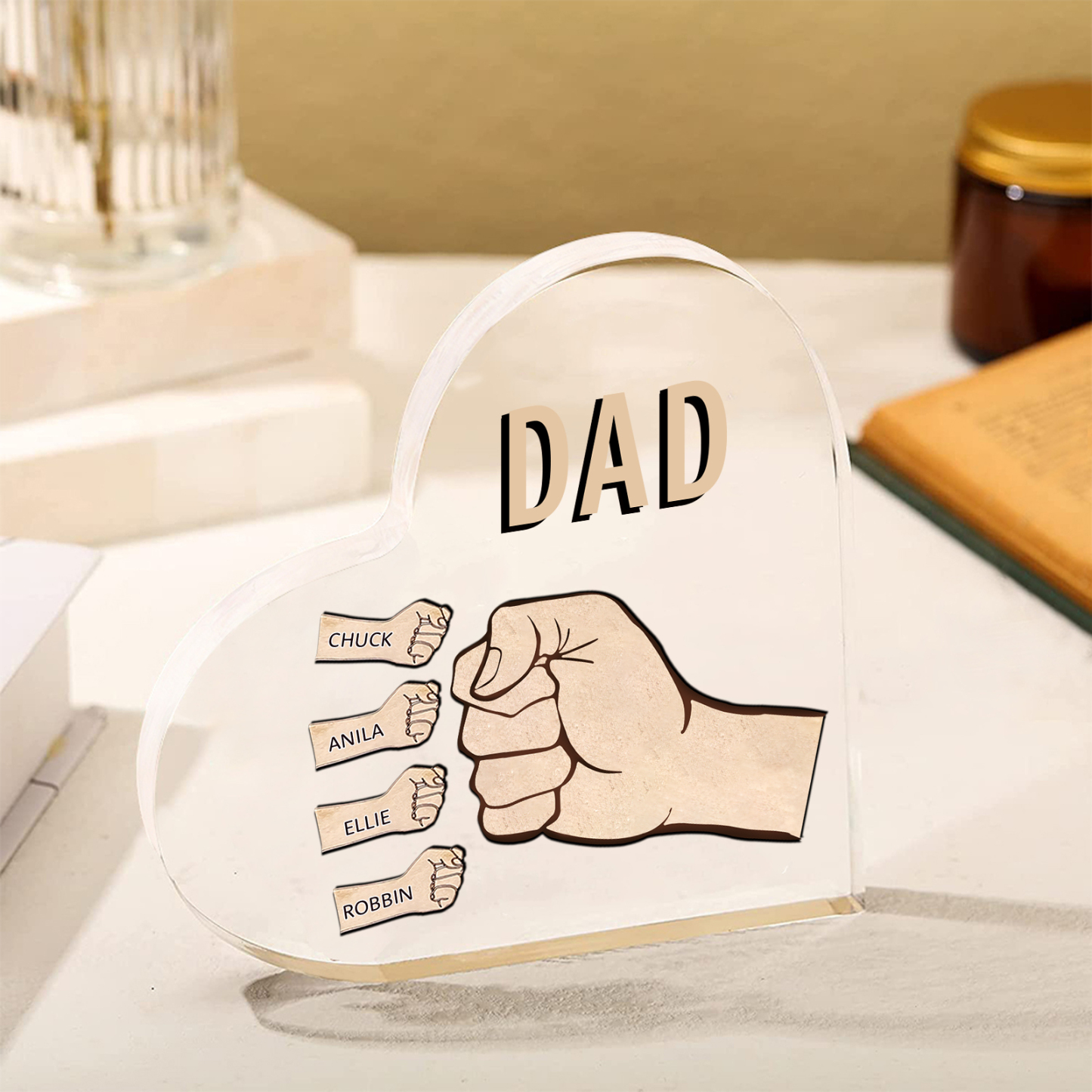 Personalized Heart Shaped Acrylic Plaque Father and Child Fist Custom Gift for Dad | Jessemade