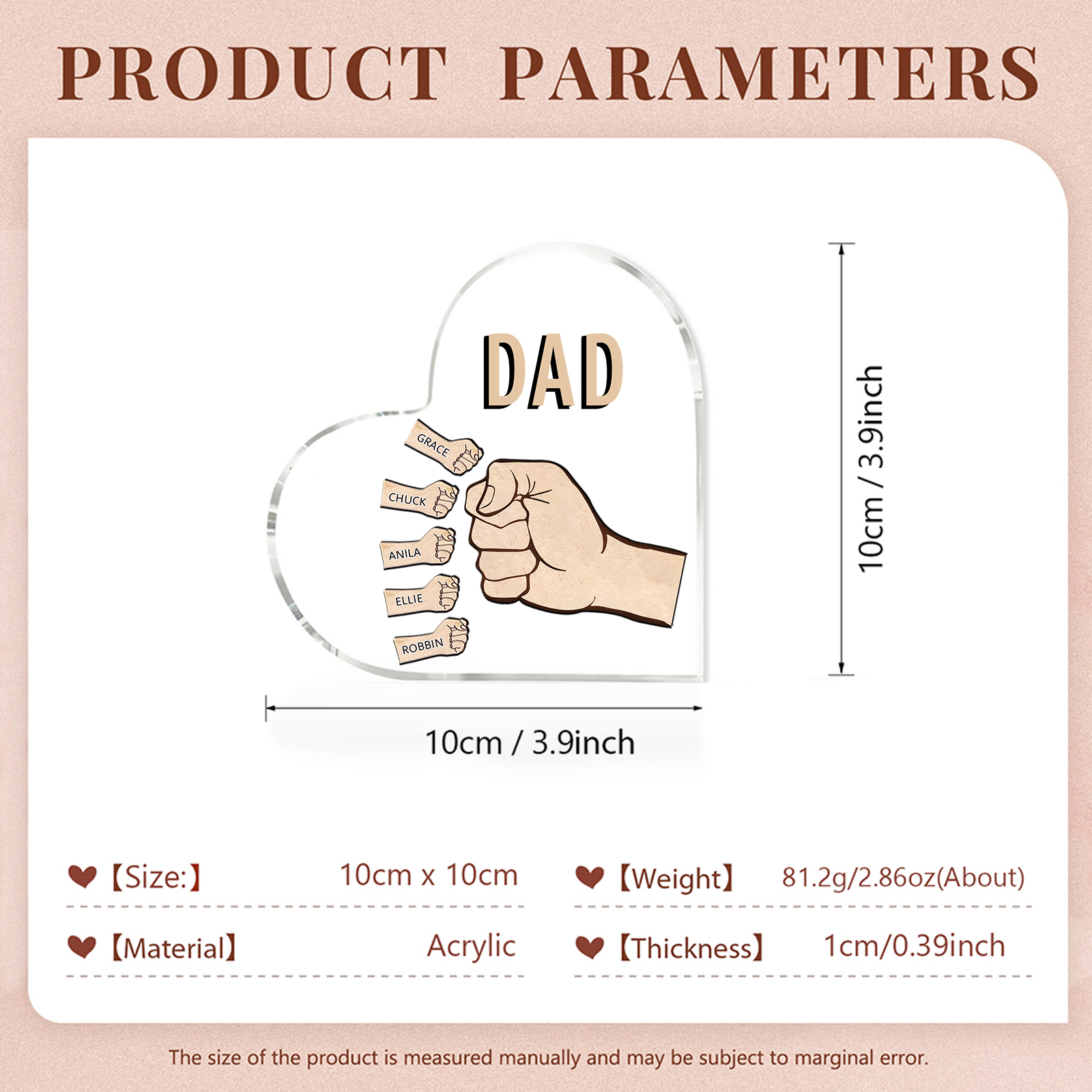 Personalized Heart Shaped Acrylic Plaque Father and Child Fist Custom Gift for Dad | Jessemade
