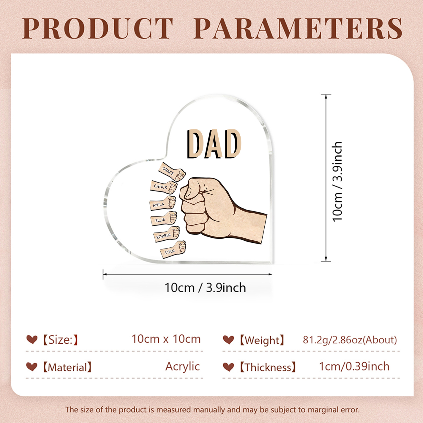 Personalized Heart Shaped Acrylic Plaque Father and Child Fist Custom Gift for Dad | Jessemade