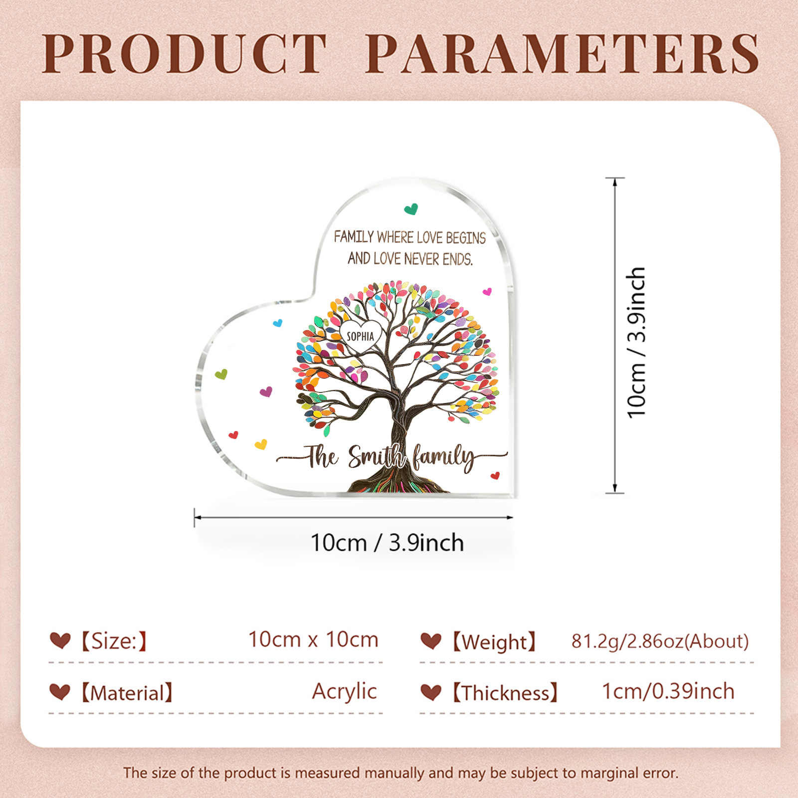 Personalized Family Tree of Life Acrylic Heart Plaque – Customize 1 Name & 2 Texts - Mother’s Day Gift