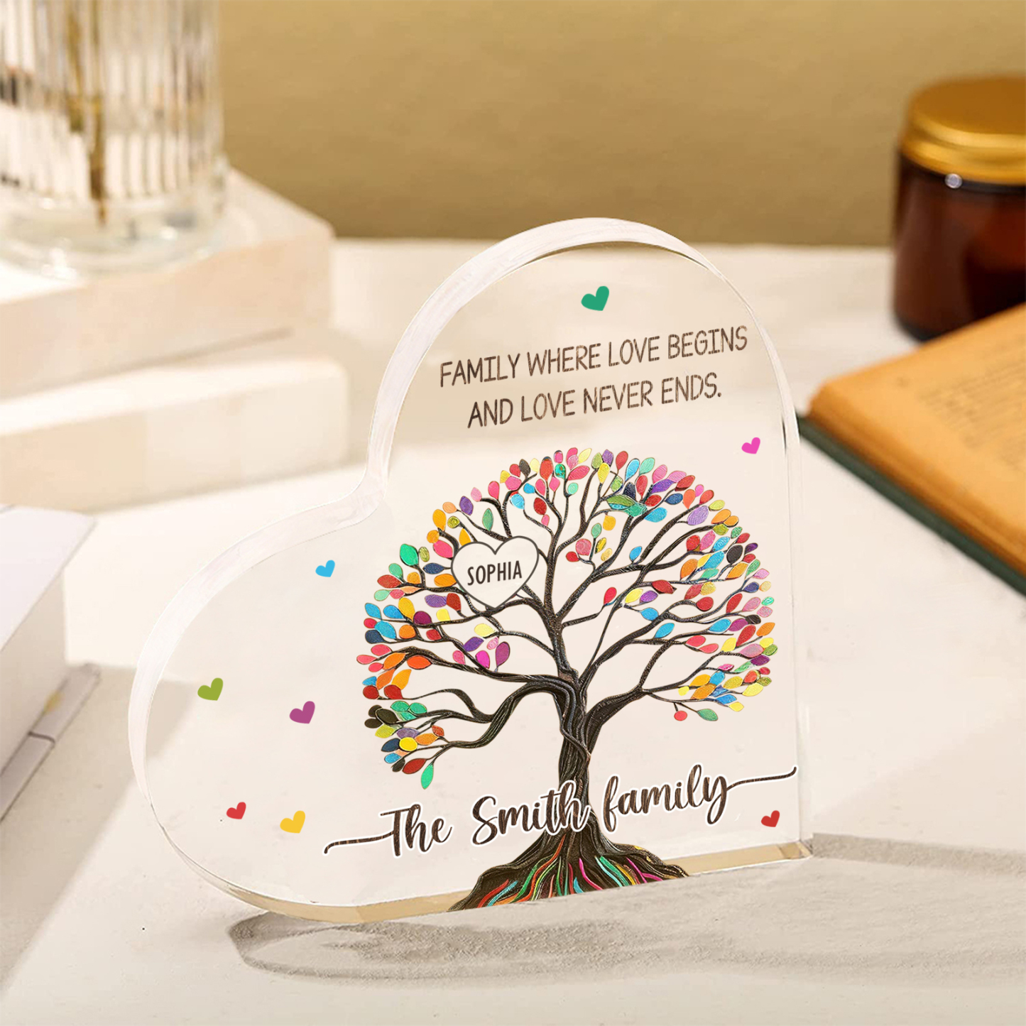 Personalized Family Tree of Life Acrylic Heart Plaque – Customize 1 Name & 2 Texts - Mother’s Day Gift