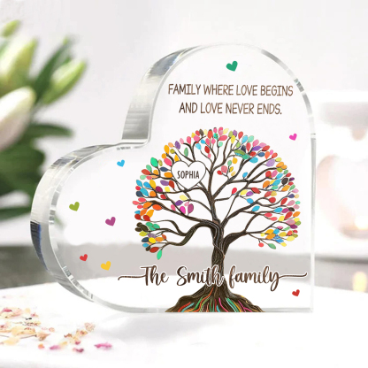 Personalized Family Tree of Life Acrylic Heart Plaque – Customize 1 Name & 2 Texts - Mother’s Day Gift