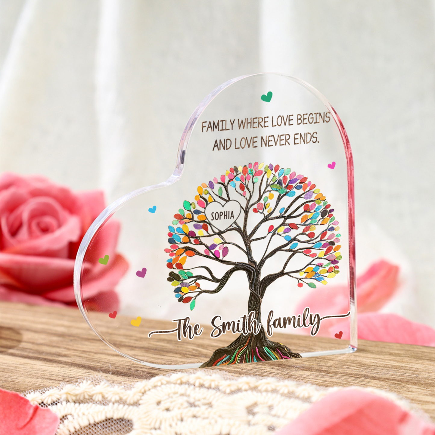 Personalized Family Tree of Life Acrylic Heart Plaque – Customize 1 Name & 2 Texts - Mother’s Day Gift