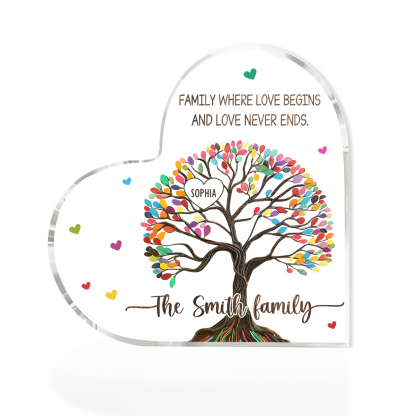 Personalized Family Tree of Life Acrylic Heart Plaque – Customize 1 Name & 2 Texts - Mother’s Day Gift