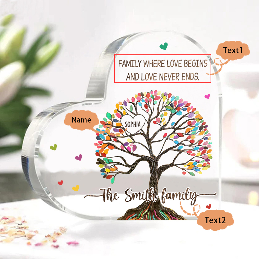 Personalized Family Tree of Life Acrylic Heart Plaque – Customize 1 Name & 2 Texts - Mother’s Day Gift