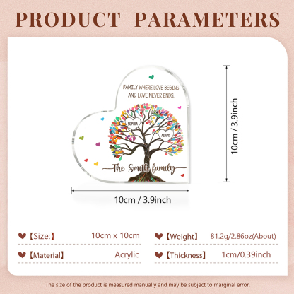 Personalized Family Tree of Life Acrylic Heart Plaque – with 2 Names & 2 Texts - Mother’s Day Gift