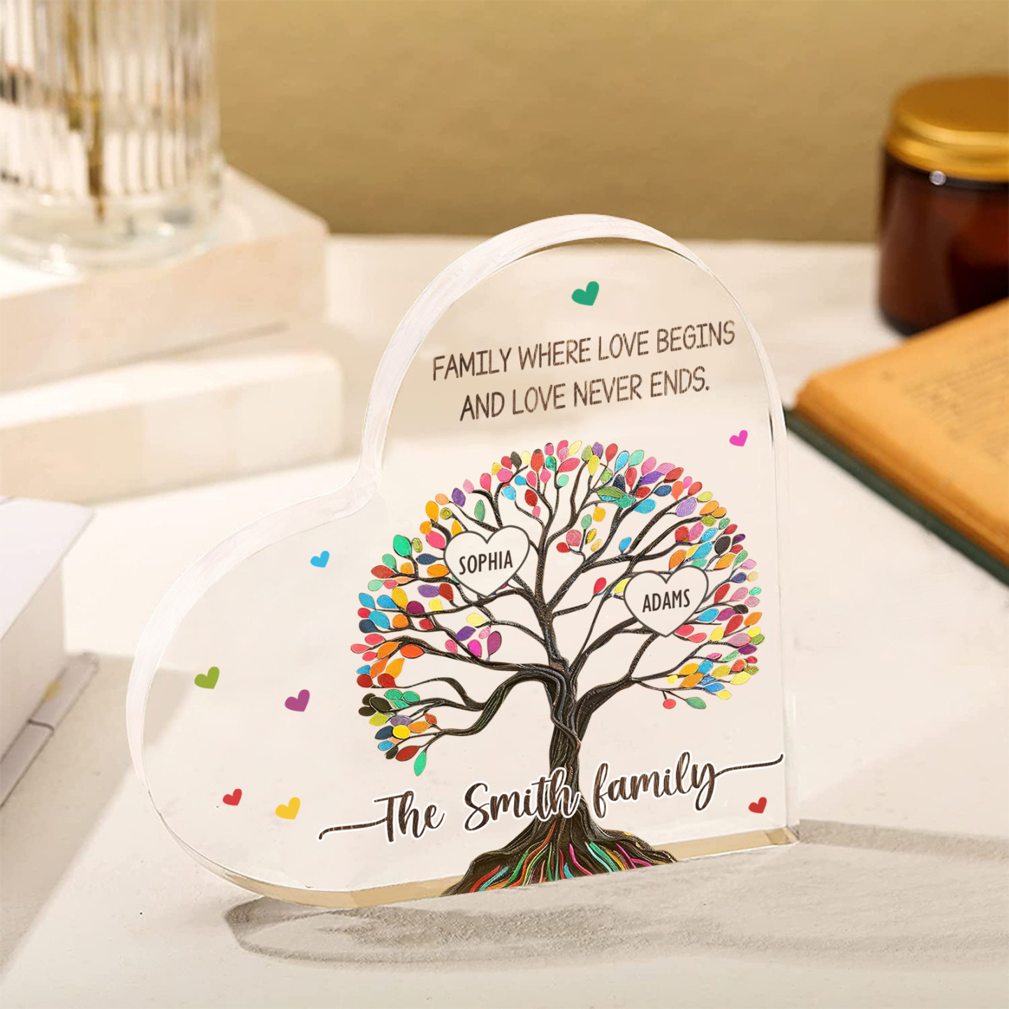 Personalized Family Tree of Life Acrylic Heart Plaque – with 2 Names & 2 Texts - Mother’s Day Gift