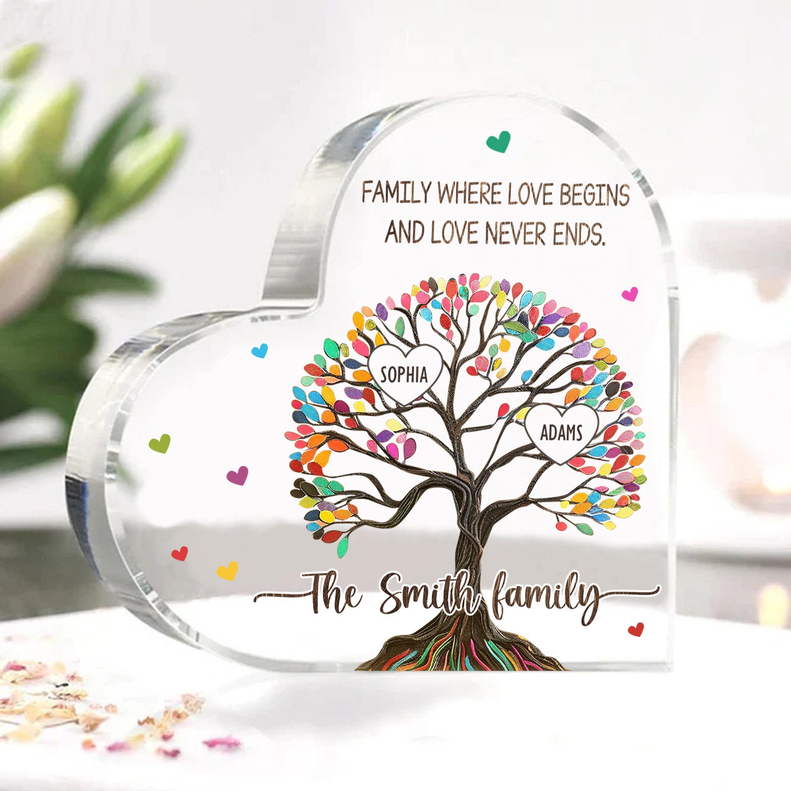 Personalized Family Tree of Life Acrylic Heart Plaque – with 2 Names & 2 Texts - Mother’s Day Gift